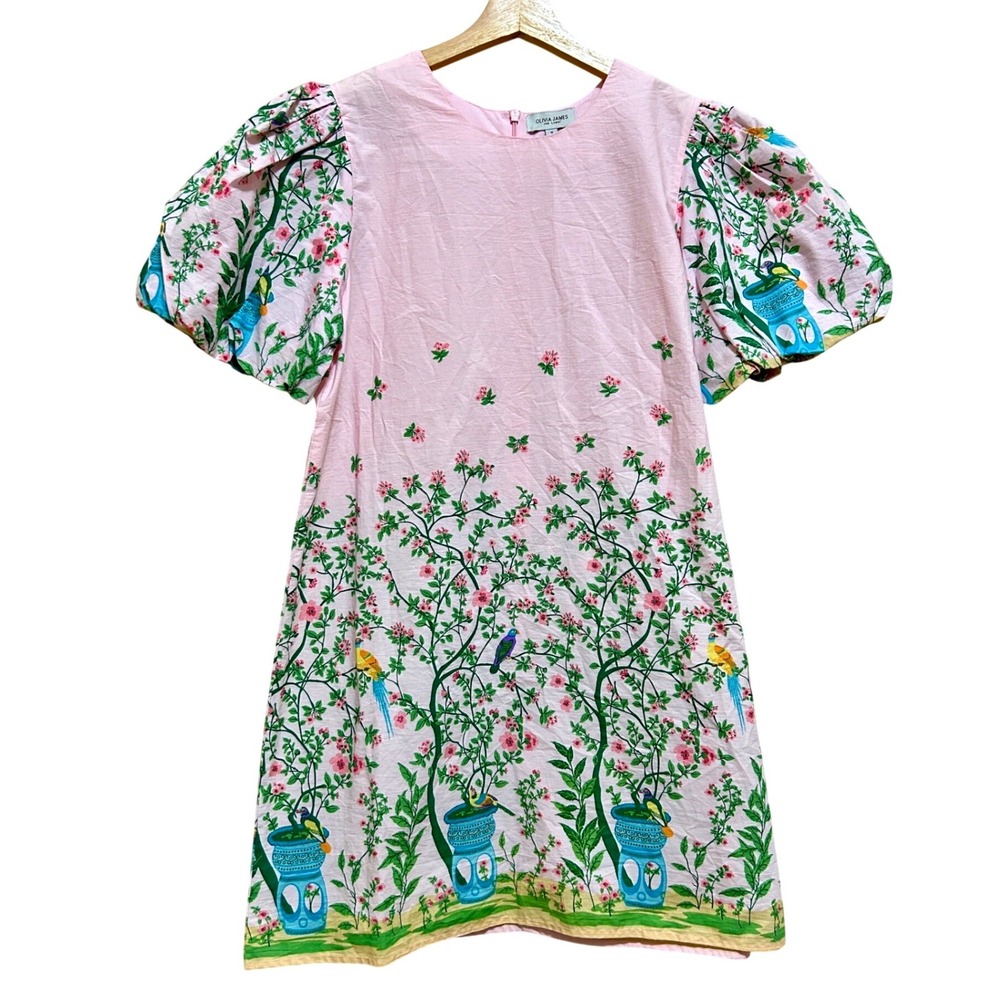 Olivia James Small Pink Chinoiserie Bird Floral Puff Sleeve Cotton Mini Dress